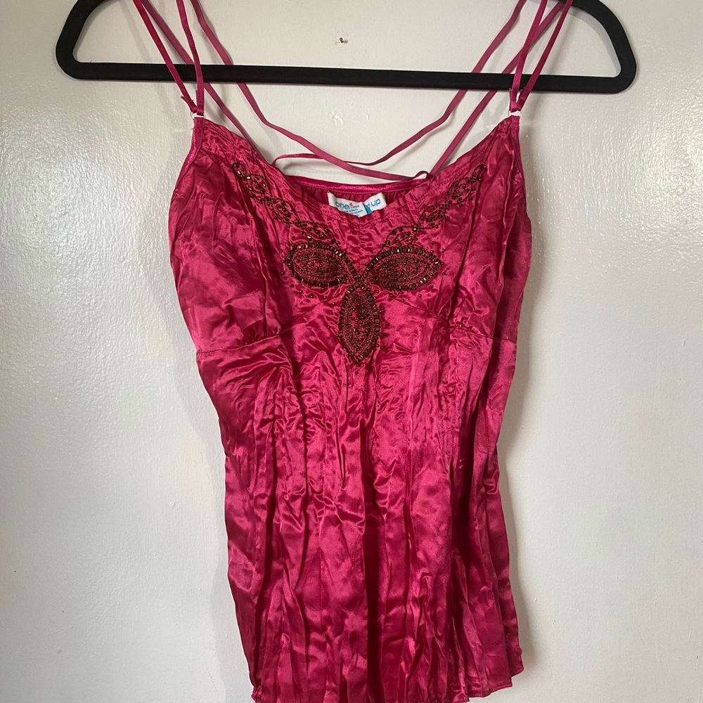 Y2K Hot Pink Satin Beaded Cami Top M